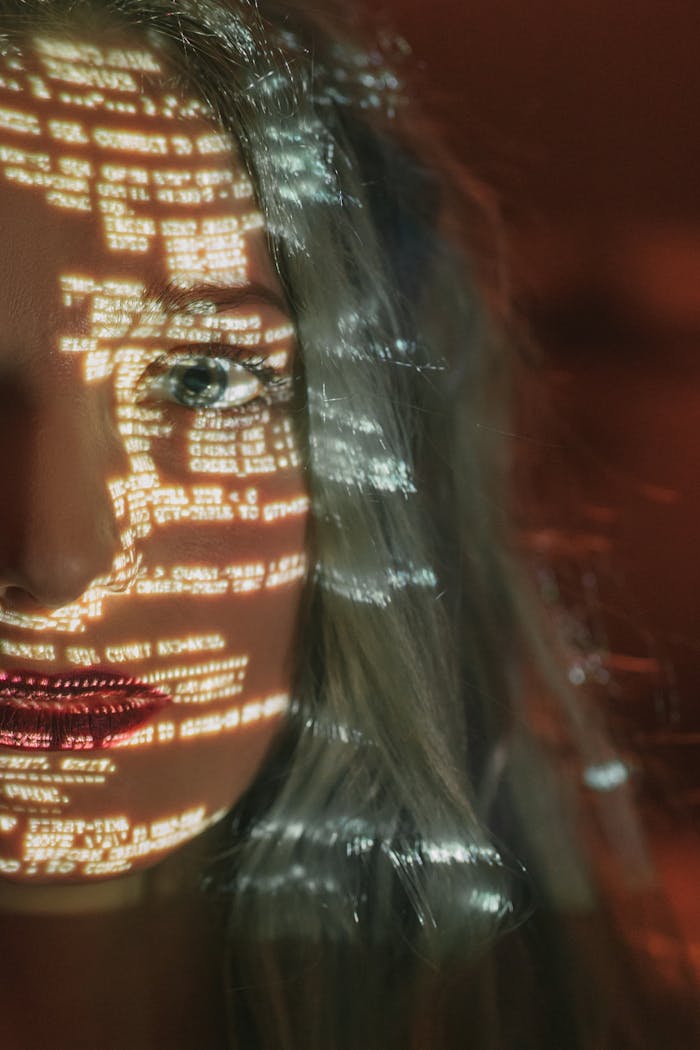 Abstract cyberpunk portrait with code projected on a womans half face, symbolizing technology integration.